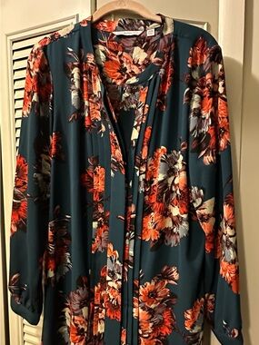 Isaac Mizrahi Teal Long-Sleeve Blouse with Orange Floral